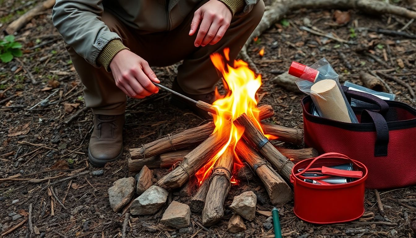 A prepper skillfully starting a fire using multiple methods, with a well-organized fire kit nearby.