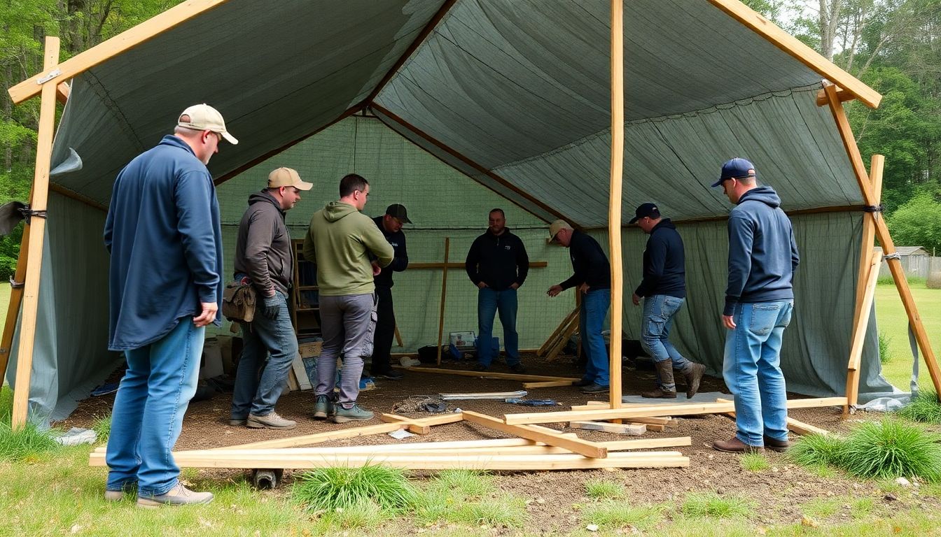 A group of preppers working together to build a large shelter, with a sense of camaraderie and teamwork evident in their interactions.