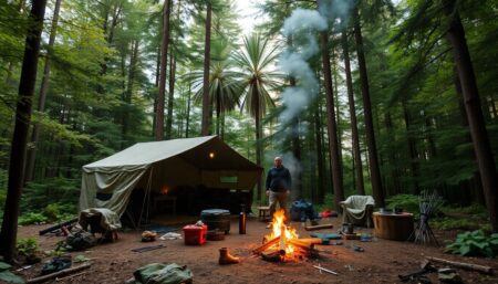 A lone figure stands confidently in a dense, lush forest, surrounded by a well-built shelter, a smoke curling up from a campfire, and a variety of tools and supplies scattered around, signifying a long-term outdoor living setup.