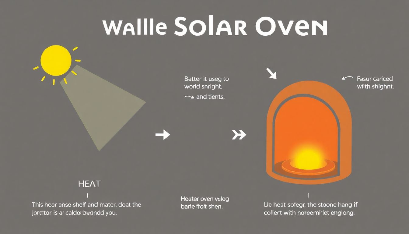 An infographic illustrating the principles of a solar oven, with arrows showing the path of sunlight to heat conversion.