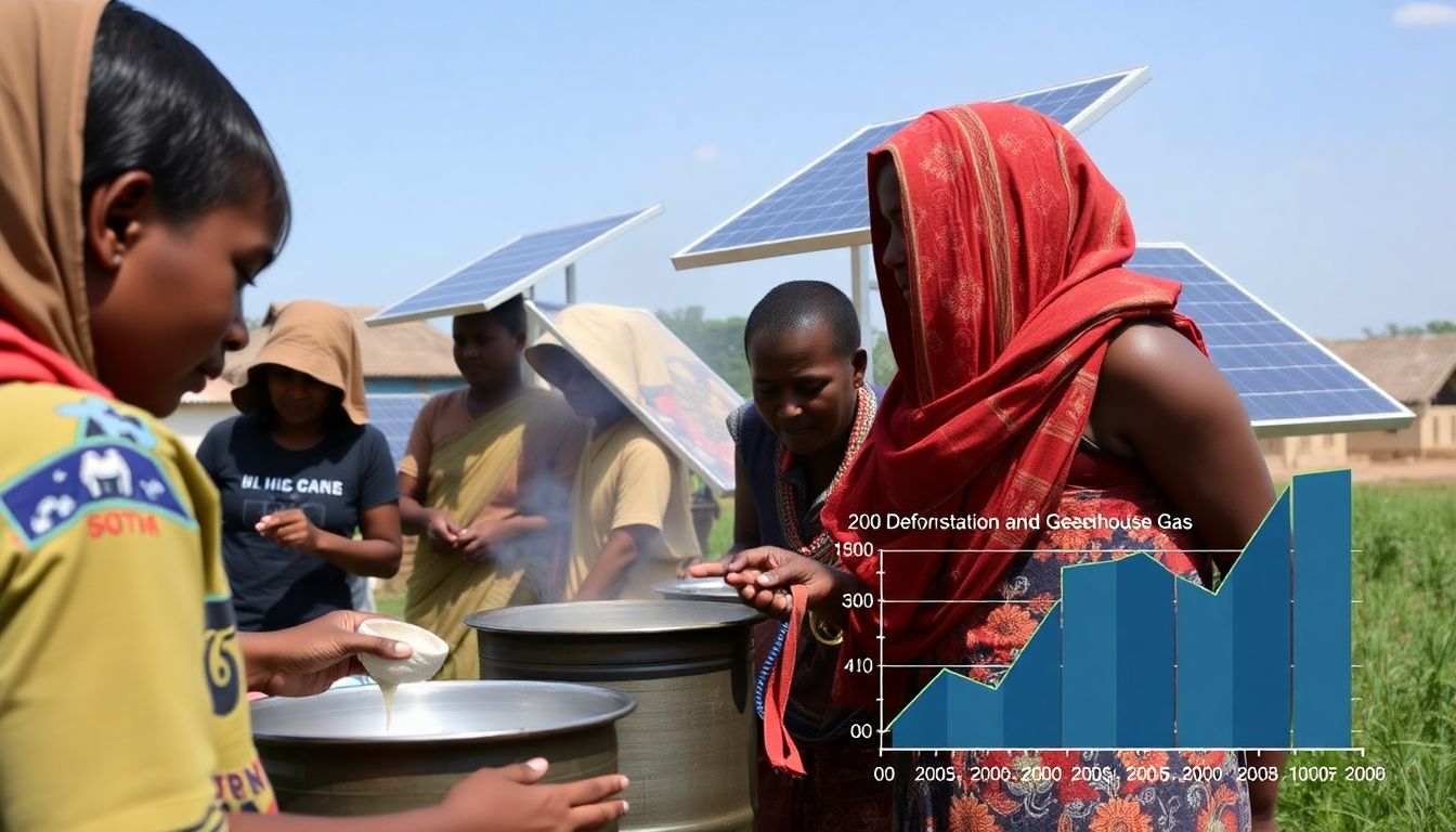 A group of people in a developing community using solar cookers, with a chart or graph showing the reduction in deforestation and greenhouse gas emissions.