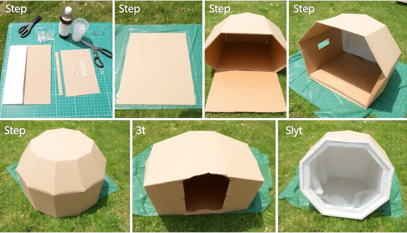 A series of photographs demonstrating each step of the solar oven assembly, from cutting the cardboard to painting and sealing the interior.