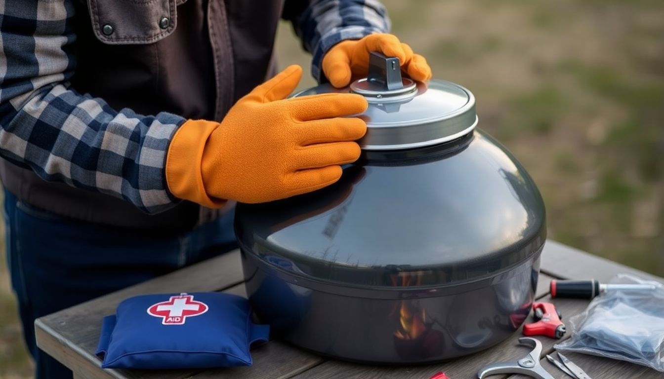 A person carefully handling a solar oven, wearing oven mitts, with a first aid kit and maintenance tools nearby.