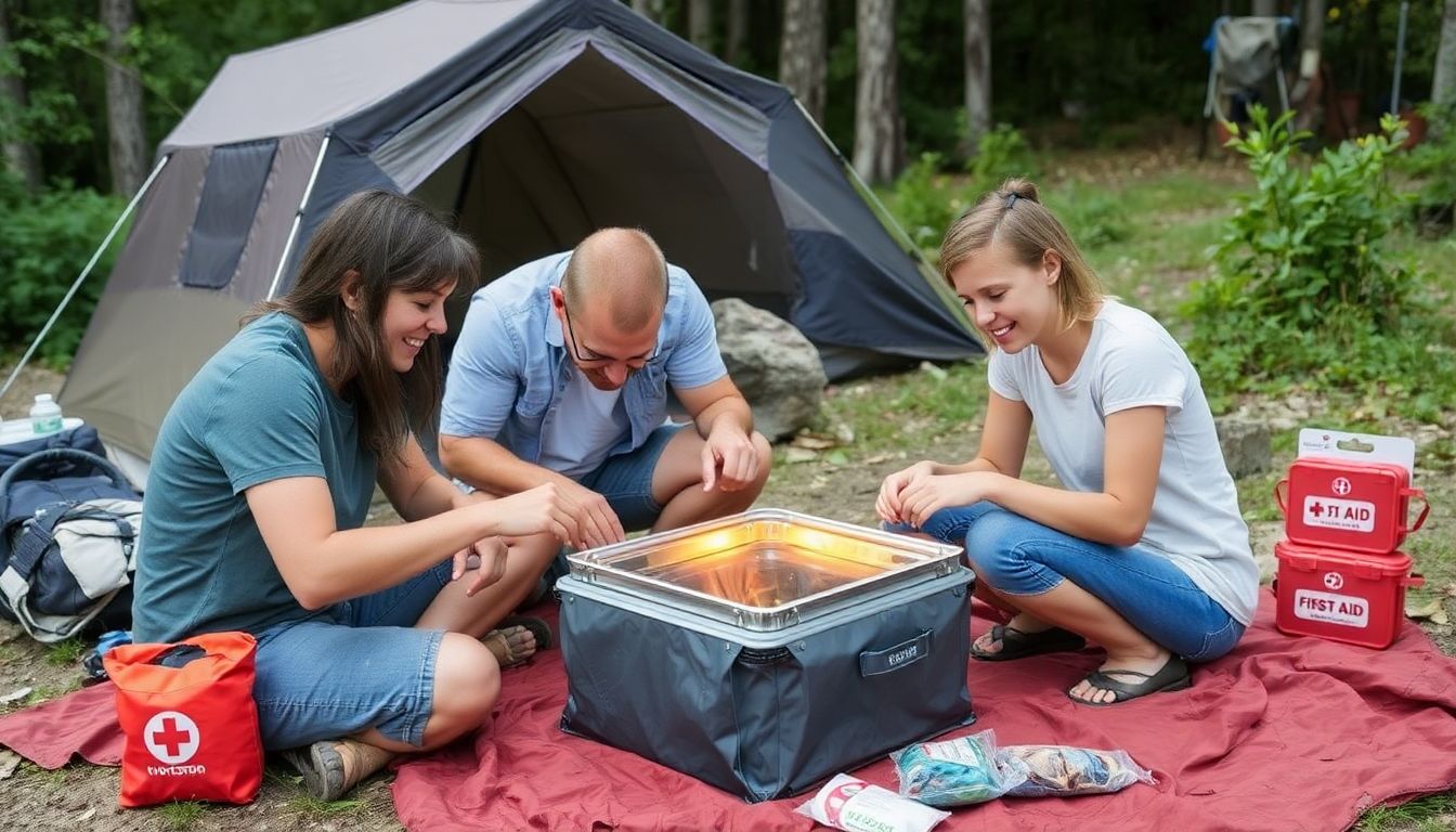 A family using a solar oven during a camping trip, with a first aid kit and other emergency supplies visible in the background.