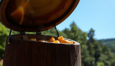 A close-up of a homemade solar oven, with food cooking inside, set against a backdrop of a clear blue sky and a lush green forest, symbolizing off-grid sustainability.