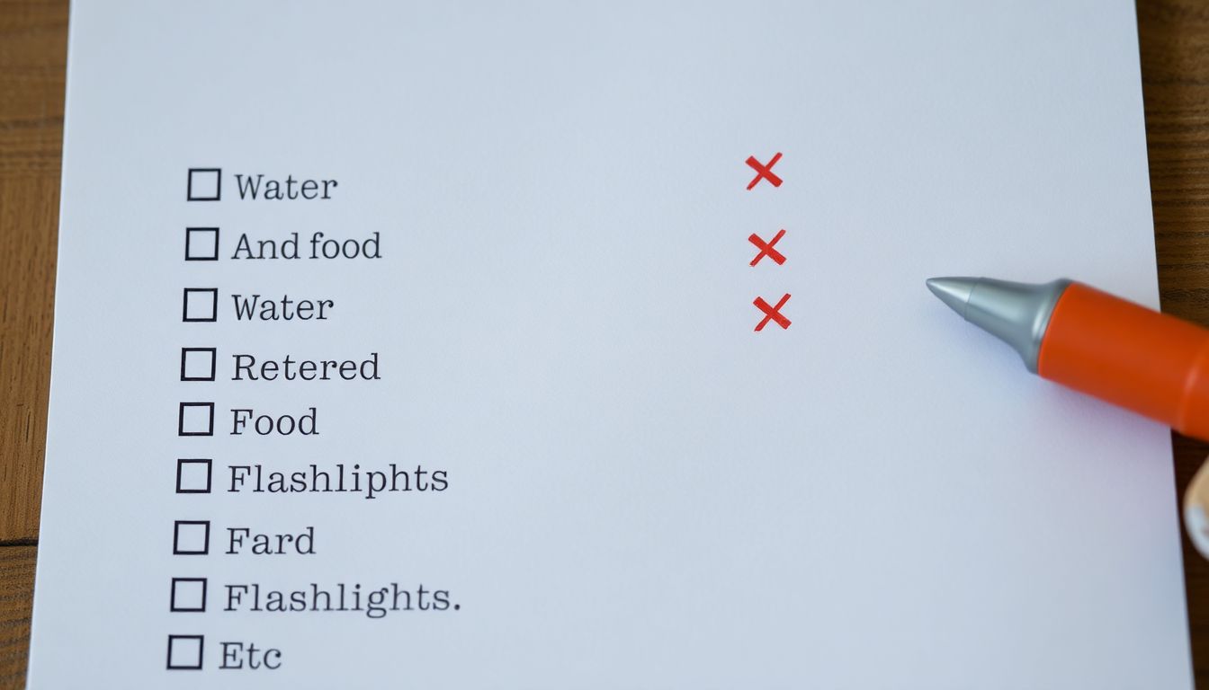 A checklist with items like water, food, first aid kit, flashlights, etc., crossed off or not, depending on the reader's current level of preparedness.