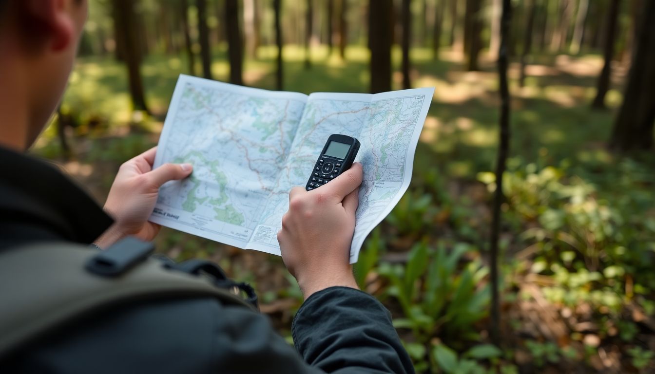 A person using a map and compass to navigate through a forest, with a handheld radio and a satellite phone visible in their backpack.