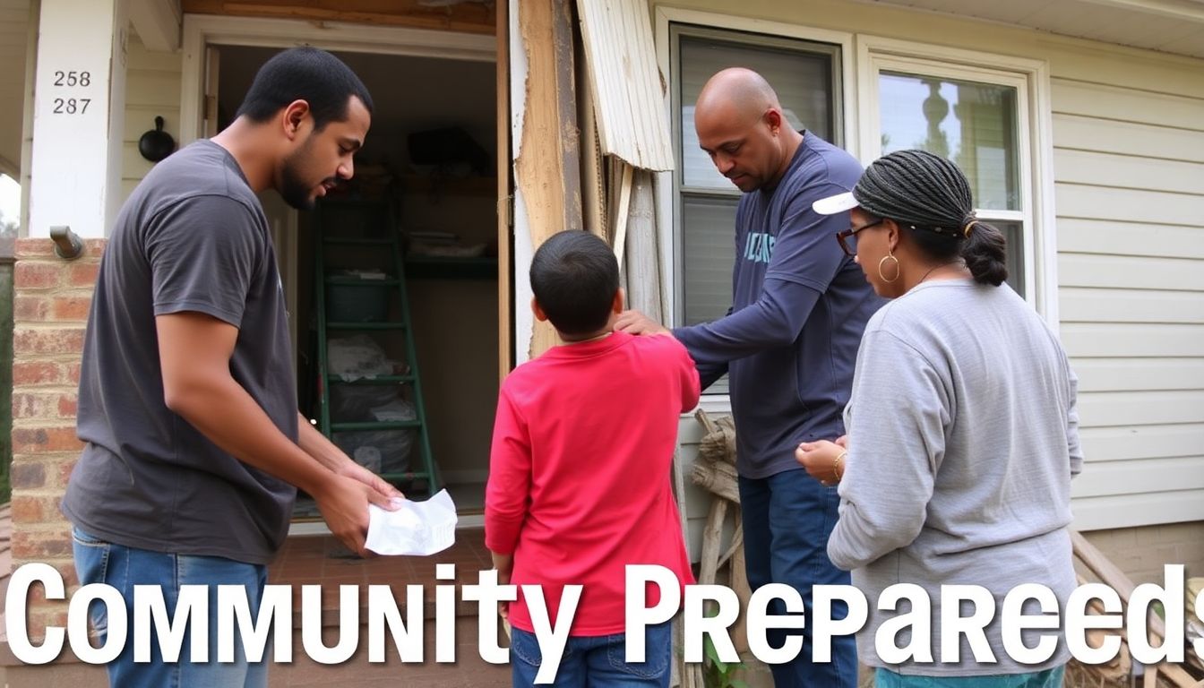 Neighbors helping each other, sharing resources, and working together to repair a damaged home, symbolizing community preparedness.