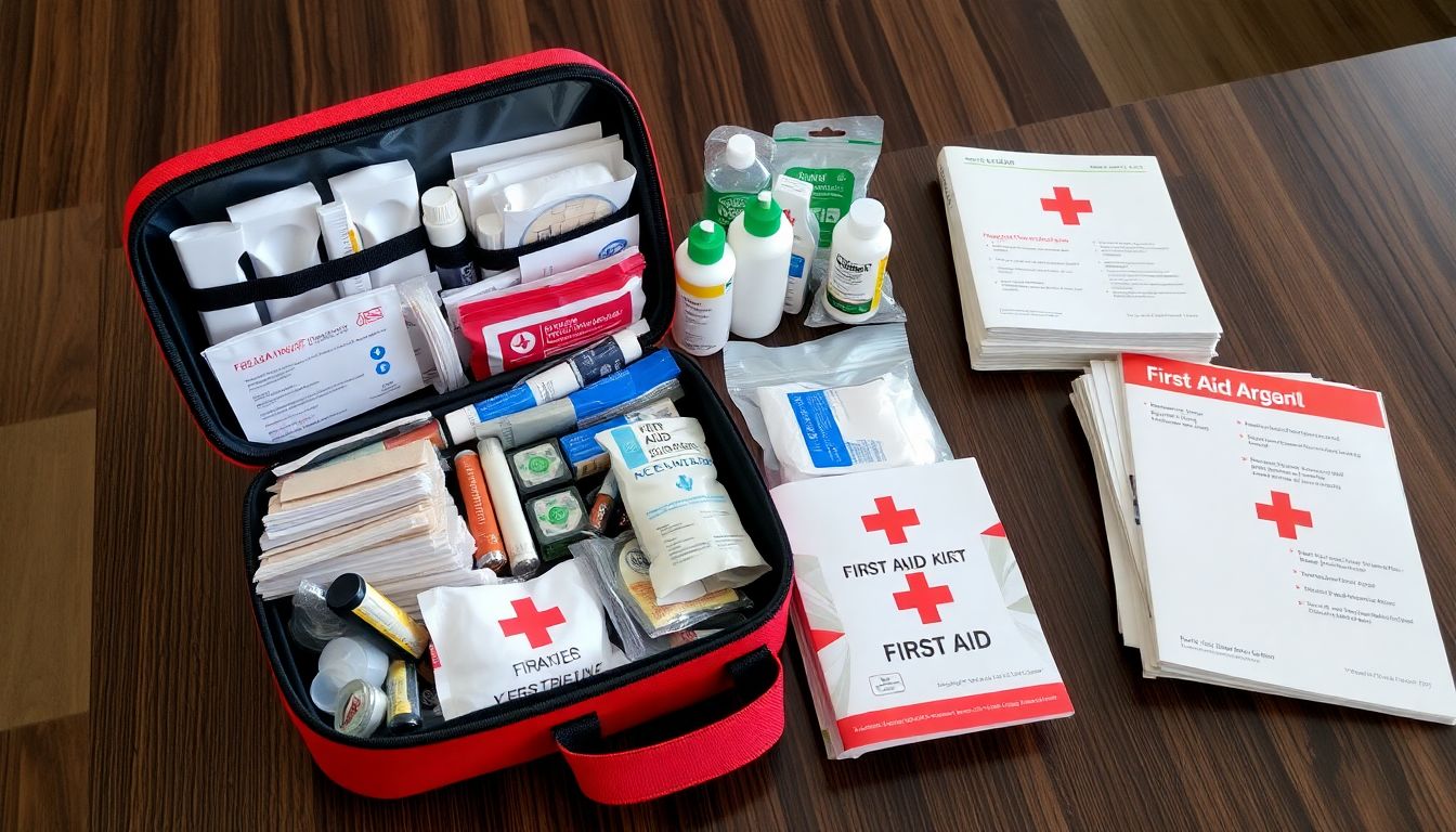 A well-stocked first aid kit open on a table, with bandages, antiseptics, and other medical supplies visible, and a first aid manual nearby.