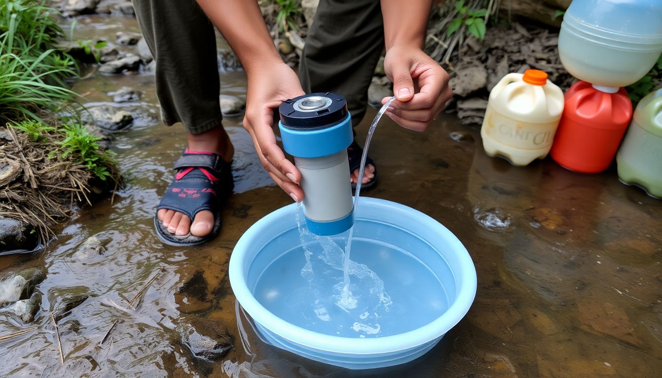 A person collecting water from a stream using a portable water filter, with stored water containers visible in the background.