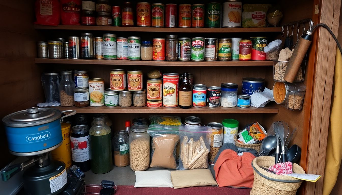 A well-stocked pantry with canned goods, dried foods, and other non-perishable items, with a camp stove and cooking utensils nearby.