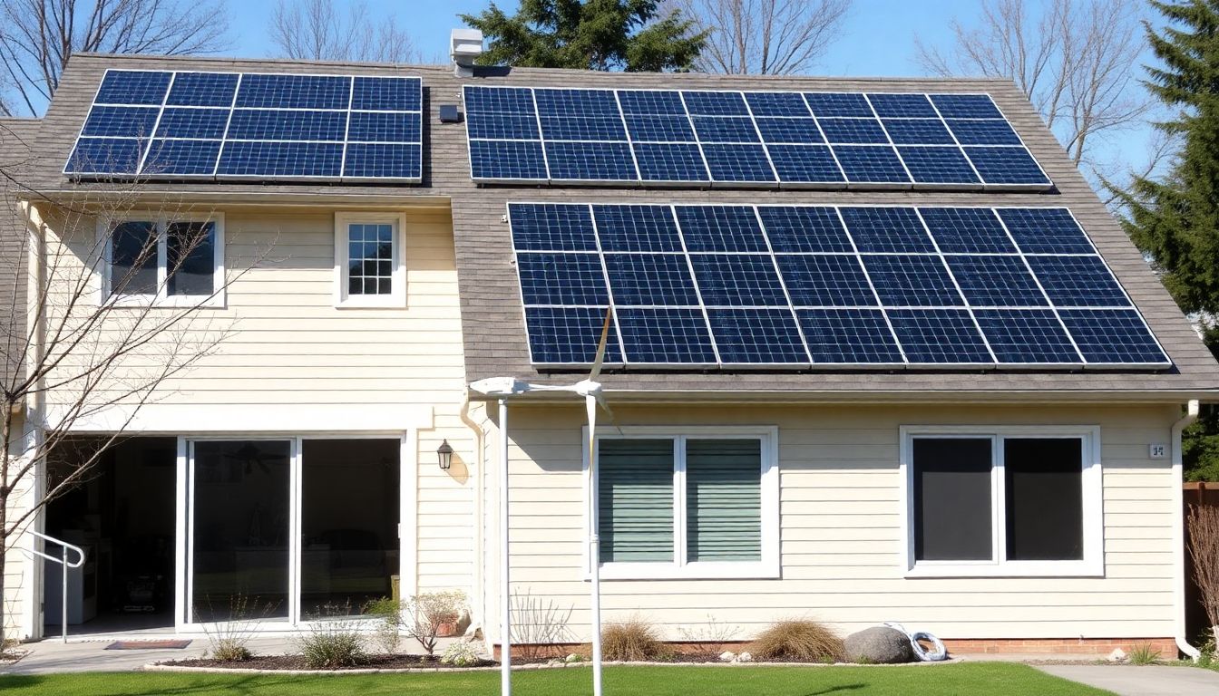 A home with solar panels on the roof, a small wind turbine in the yard, and insulated windows, with a generator visible in the garage.