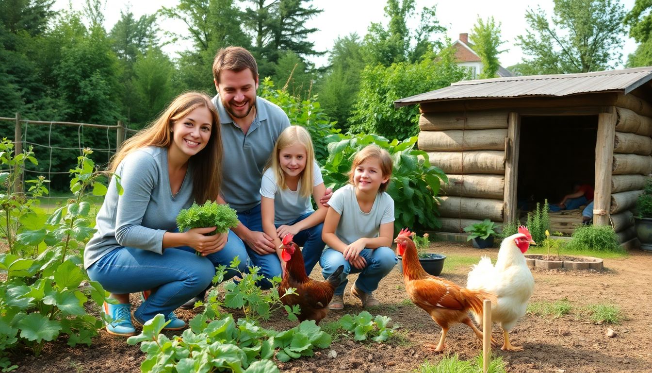 A family growing vegetables in a garden, raising chickens, and building a small structure, symbolizing their long-term off-grid living skills.