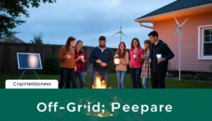 A family standing around a campfire in their backyard, using flashlights and lanterns, with a solar panel and a small wind turbine visible in the background, symbolizing their off-grid preparedness.