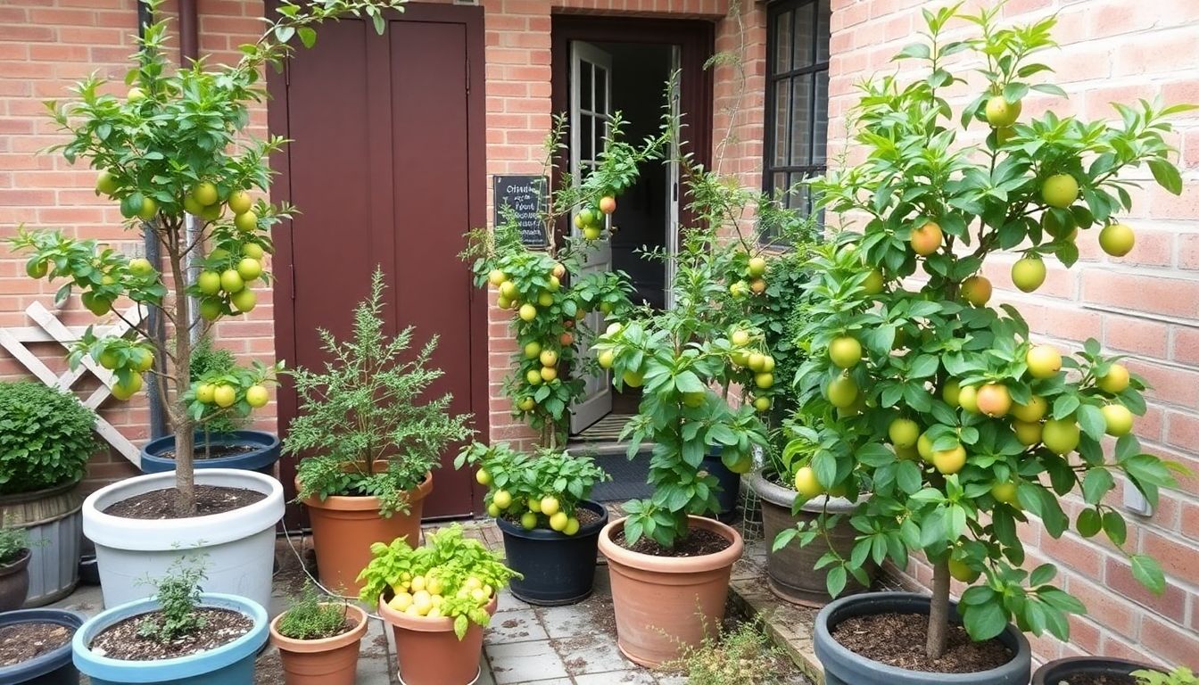 A small urban courtyard with a variety of dwarf fruit trees growing in large containers, providing a bountiful harvest in a small space.