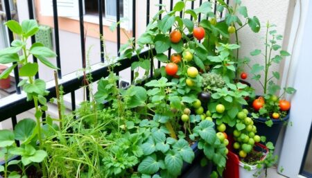 A lush, vertical garden growing in a small urban balcony, with a variety of vegetables, herbs, and fruits thriving in containers, showcasing the potential of small space gardening for urban food production.