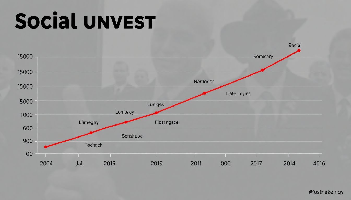 A graph showing the increase in social unrest incidents over time, with key events marked, set against a serious yet informative backdrop.