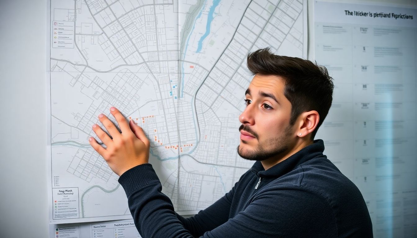 A person using a map to mark high-risk areas in their city, with a thoughtful expression on their face.