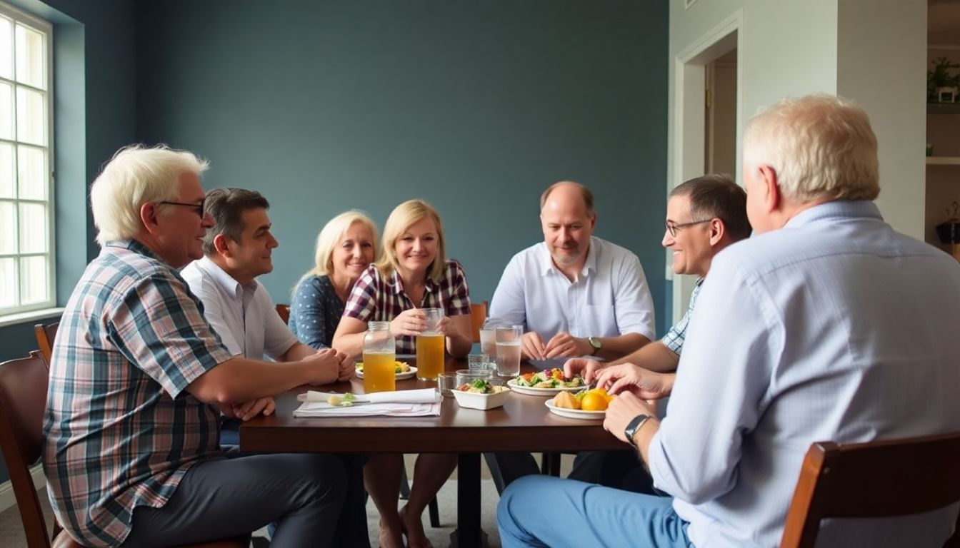 A group of people sharing a meal, discussing plans, and supporting each other in a secure, private setting.