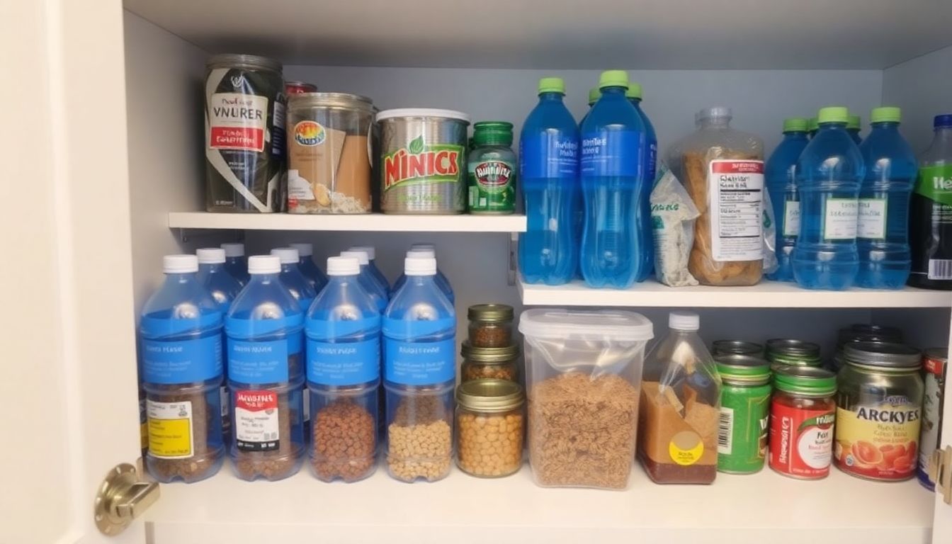 A well-organized pantry filled with non-perishable food items, water bottles, and other essential supplies.