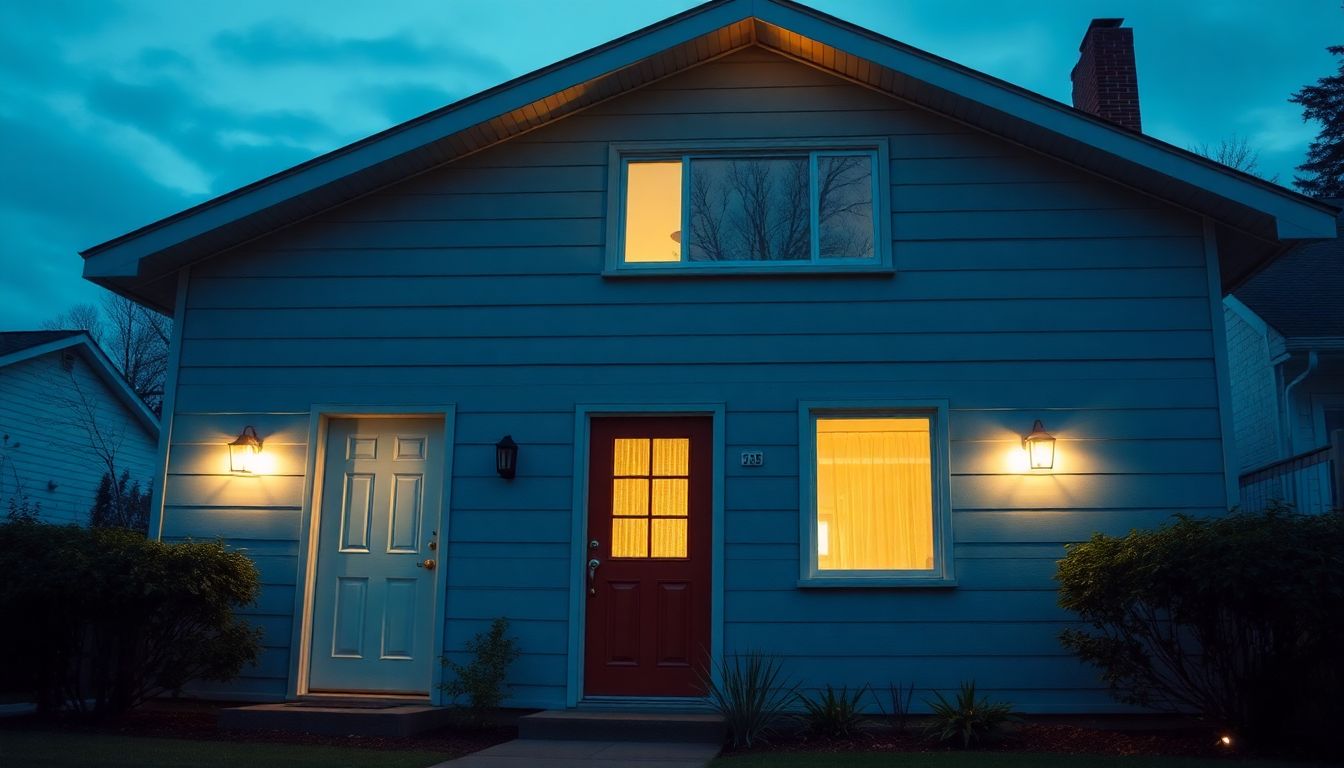 A home with reinforced doors, secure windows, and outdoor lighting, set against a backdrop of a peaceful neighborhood.