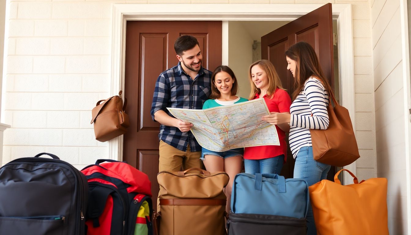 A family discussing a map, with packed bags ready by the door, symbolizing their preparedness to evacuate if necessary.