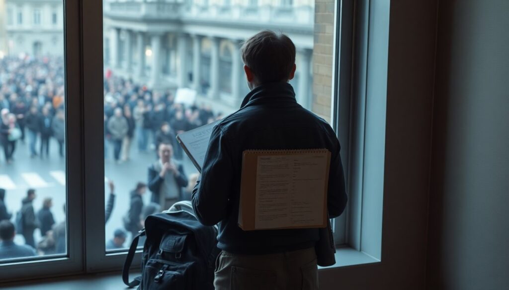 A lone figure, dressed in practical clothing, stands at a window, watching a distant crowd. They hold a well-worn notebook filled with notes and plans, a backpack stuffed with supplies lies nearby. The scene is tense yet hopeful, symbolizing preparedness and resilience in the face of social unrest.