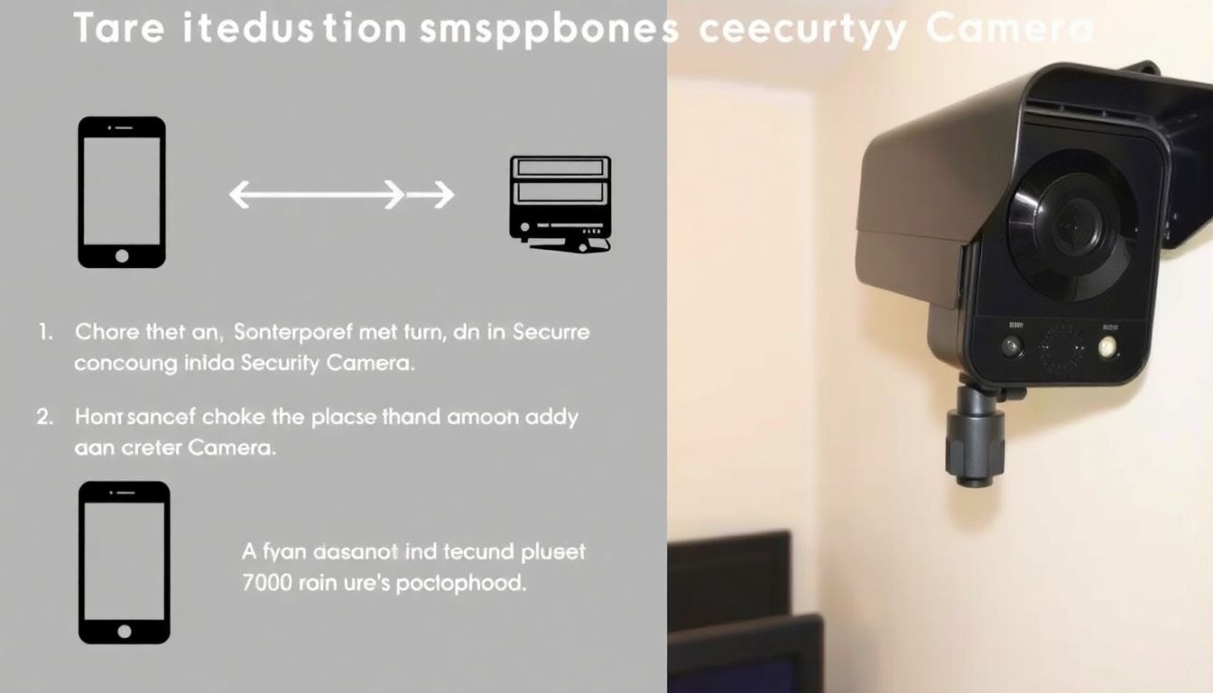 A step-by-step infographic showing the process of turning an old smartphone into a security camera, with a final image of the camera mounted on a wall and connected to a monitor.