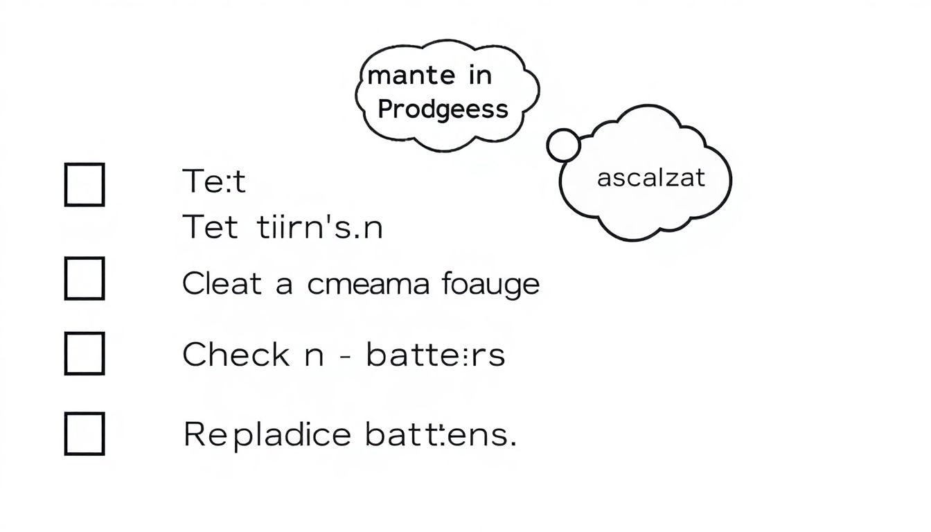 A checklist with items like 'Test motion sensors', 'Check camera footage', and 'Replace batteries', with a 'Maintenance in Progress' thought bubble.