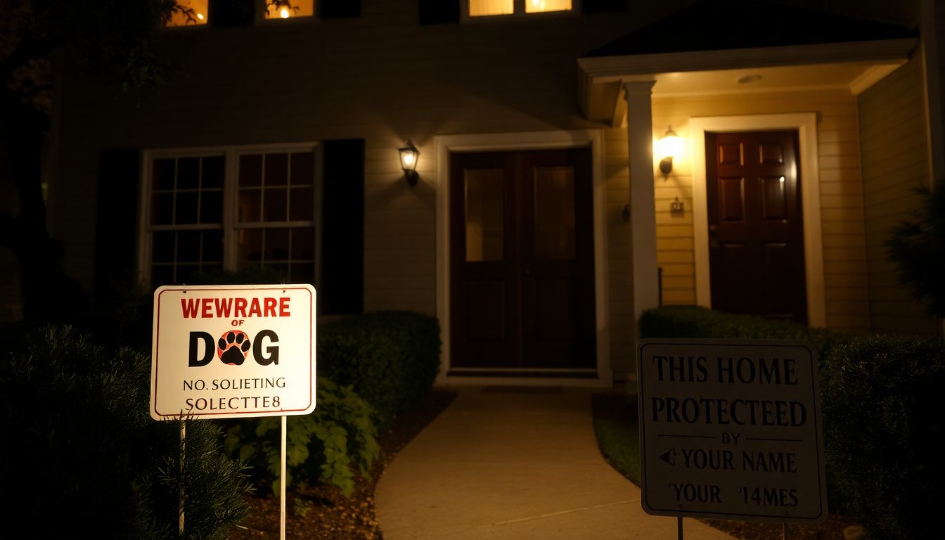 A well-lit, well-maintained house with a 'Beware of Dog' sign, a 'No Soliciting' sign, and a 'This Home Protected by [Your Name]' sign, with a motion-activated light shining on them.