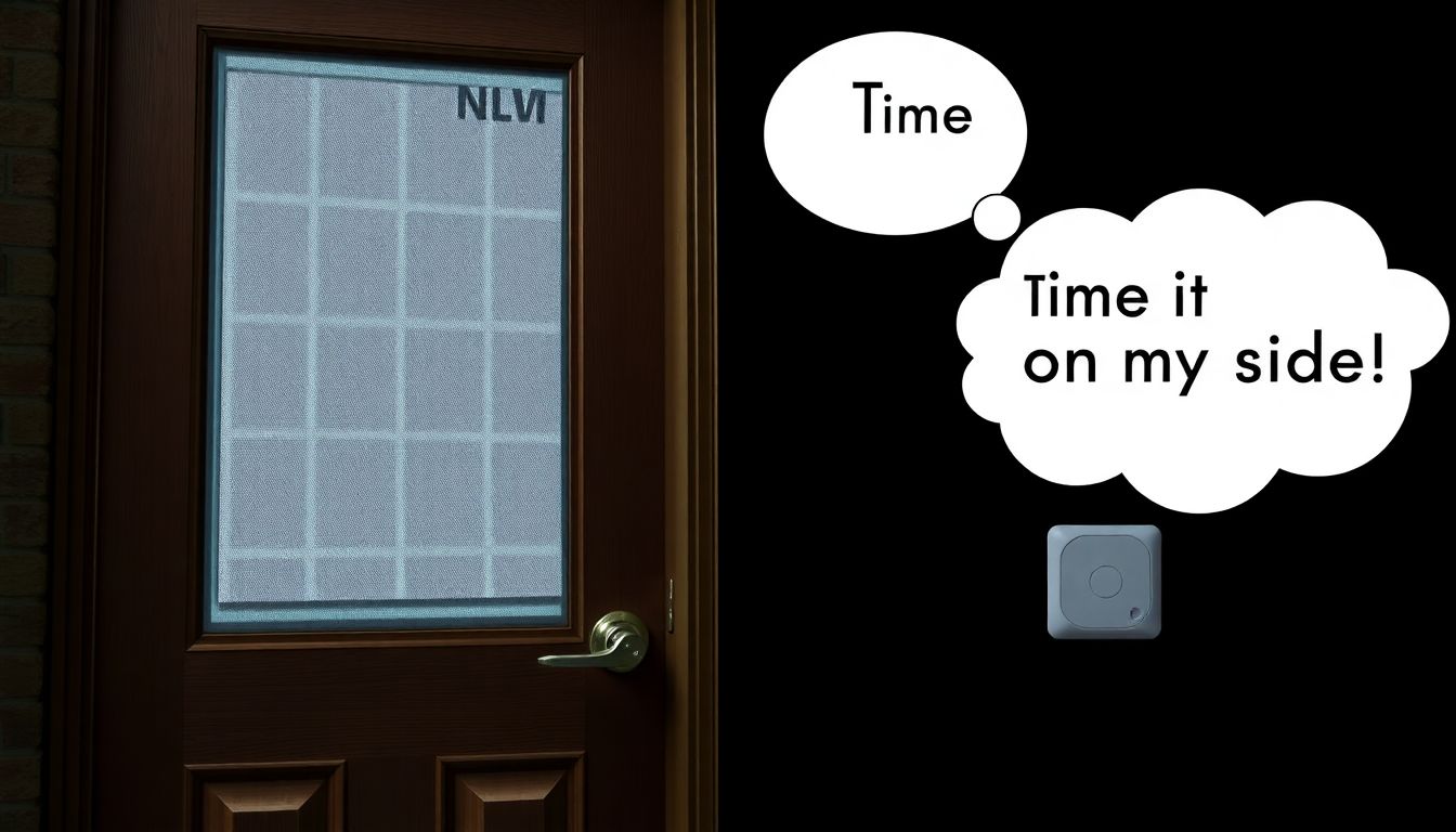 A reinforced door with a heavy-duty deadbolt, a window with security film, and a door alarm sensor, all with a 'Time is on my side' thought bubble.