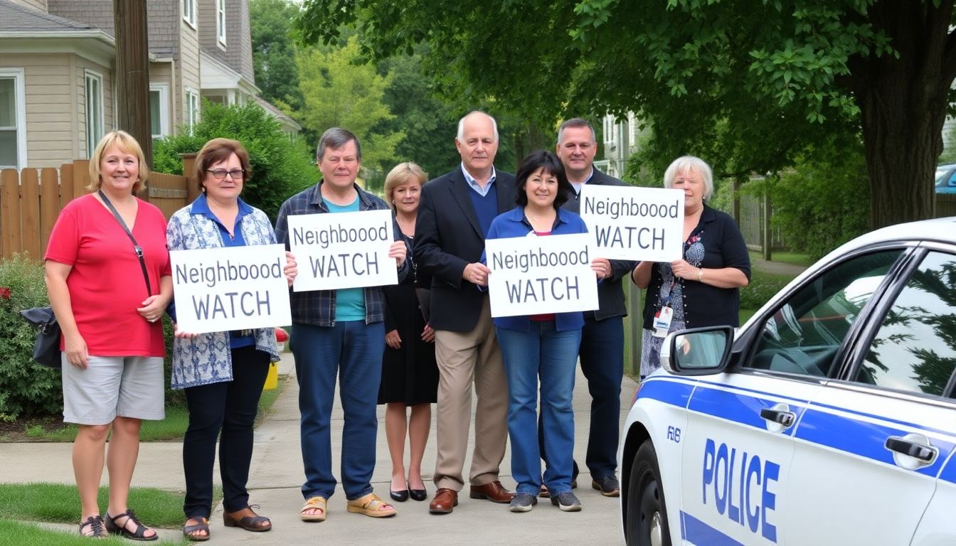 A group of neighbors standing together, holding signs that say 'Neighborhood Watch', with a police car parked nearby.