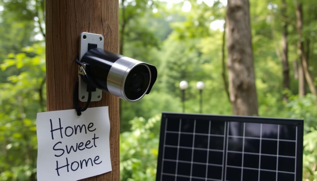 A close-up of a DIY security camera made from an old smartphone, mounted on a wooden post, with a solar panel nearby, and a handwritten note saying 'Home Sweet Home' in the foreground, all set against a backdrop of a lush, green forest.