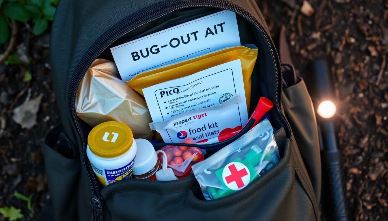 A backpack containing an emergency food kit and bug-out bag essentials, with a first aid kit and a flashlight nearby.