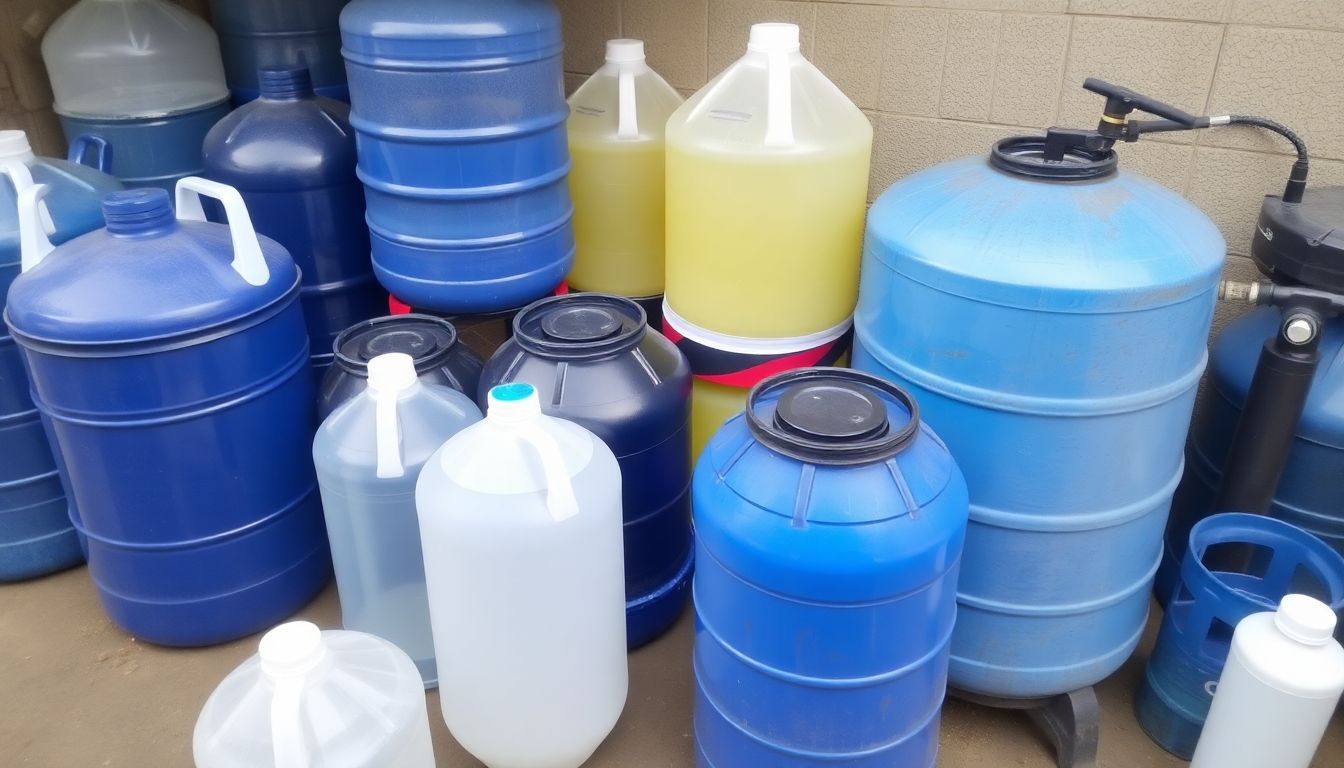 A collection of water storage containers, including large jugs and barrels, with a water purification system nearby.