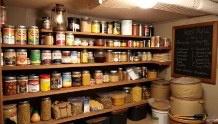 A well-stocked pantry with various non-perishable supplies, including canned goods, dried fruits, and grains, arranged on wooden shelves in a root cellar or basement, with a vintage lantern and a chalkboard listing the contents.