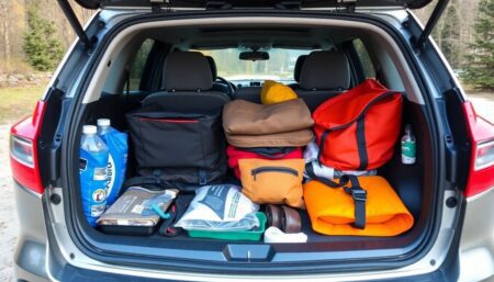 A well-equipped, organized car ready for an unexpected adventure, with essential supplies, safety gear, and comfort items visible in the vehicle's interior and trunk.