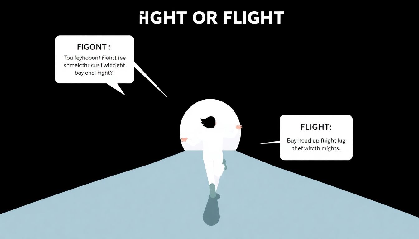 An infographic illustrating the 'fight or flight' response, with a person running through a dark tunnel, symbolizing the instinctual reaction to danger.