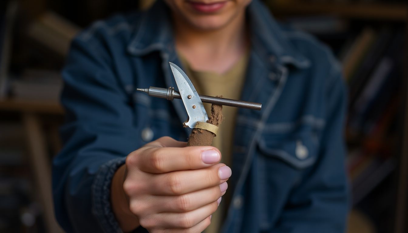 A person using a makeshift tool to fix a broken object, symbolizing creative problem-solving in a crisis.