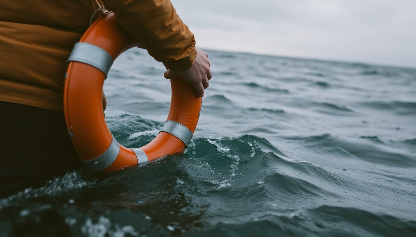 A person holding onto a life buoy in stormy waters, symbolizing hope and optimism in the face of adversity.