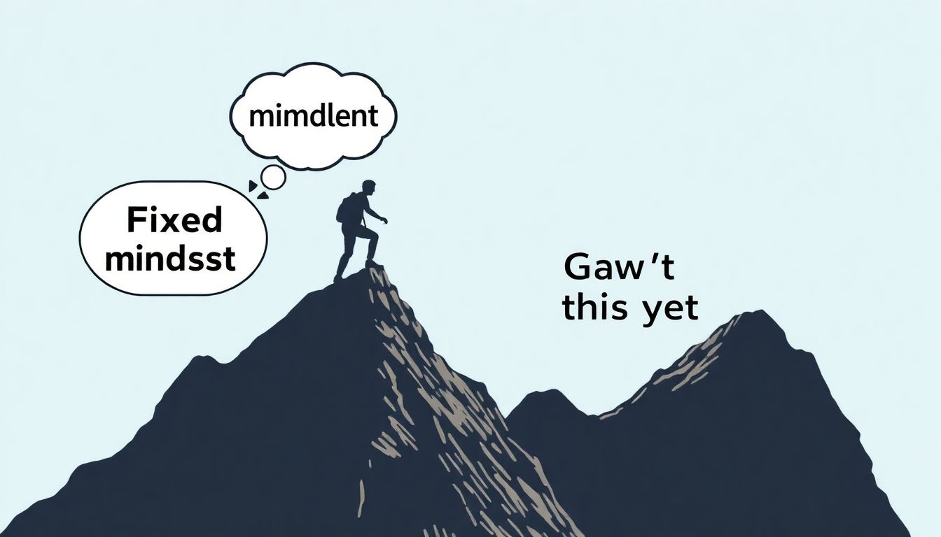 A person climbing a mountain, with a thought bubble showing a fixed mindset thought ('I can't do this') transforming into a growth mindset thought ('I can't do this yet').