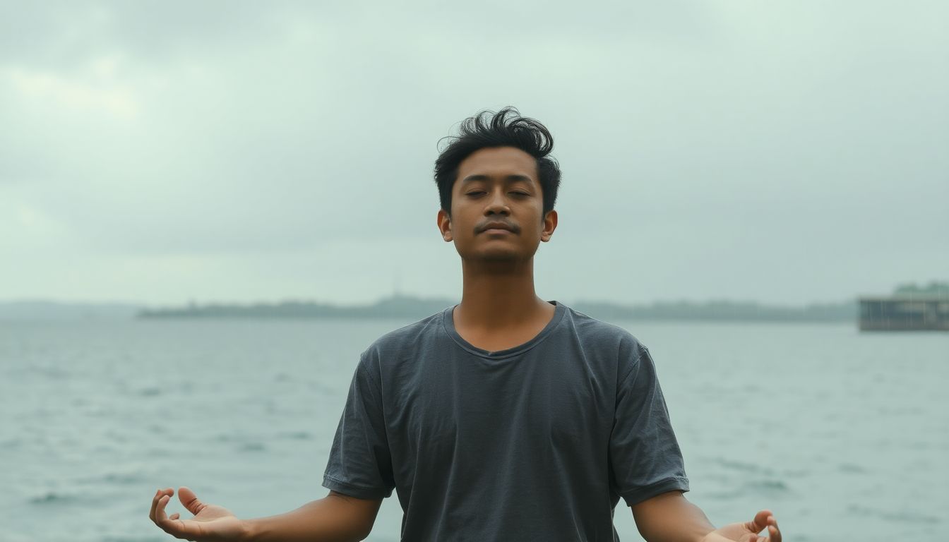 A person meditating in a serene environment, with a calm, collected expression, despite the stormy weather around them.