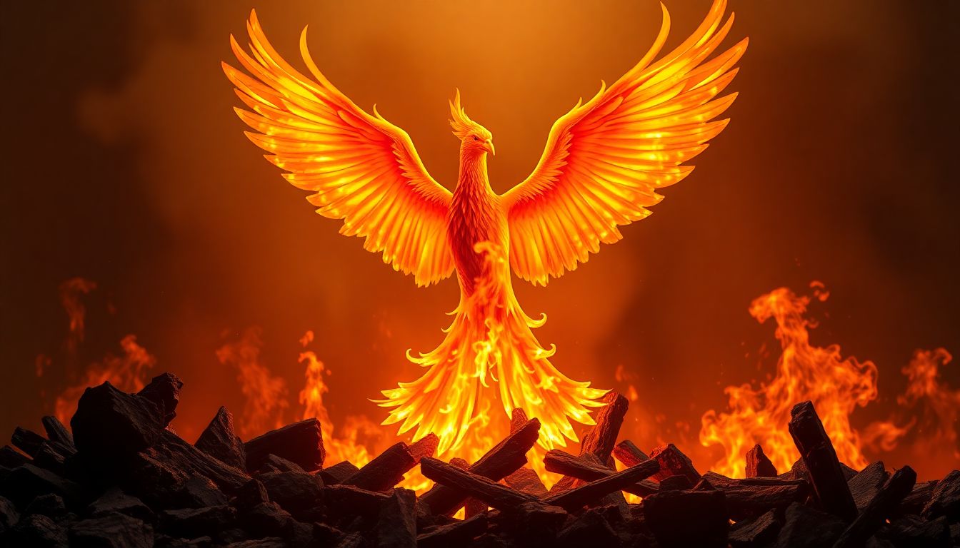 A phoenix rising from the ashes, symbolizing the process of post-traumatic growth and transformation.