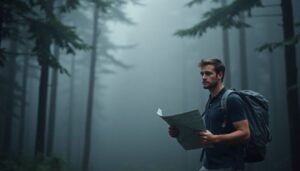 A lone hiker, armed with a map and a determined expression, navigates a dense, misty forest, symbolizing the journey into the depths of mental resilience and survival mindset.