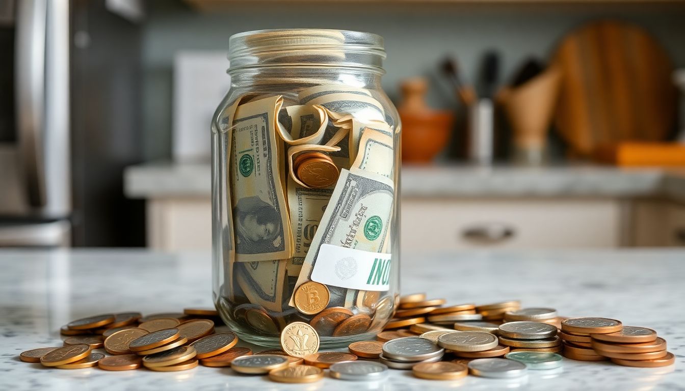 A jar filled with cash, surrounded by coins and precious metals, on a kitchen counter.