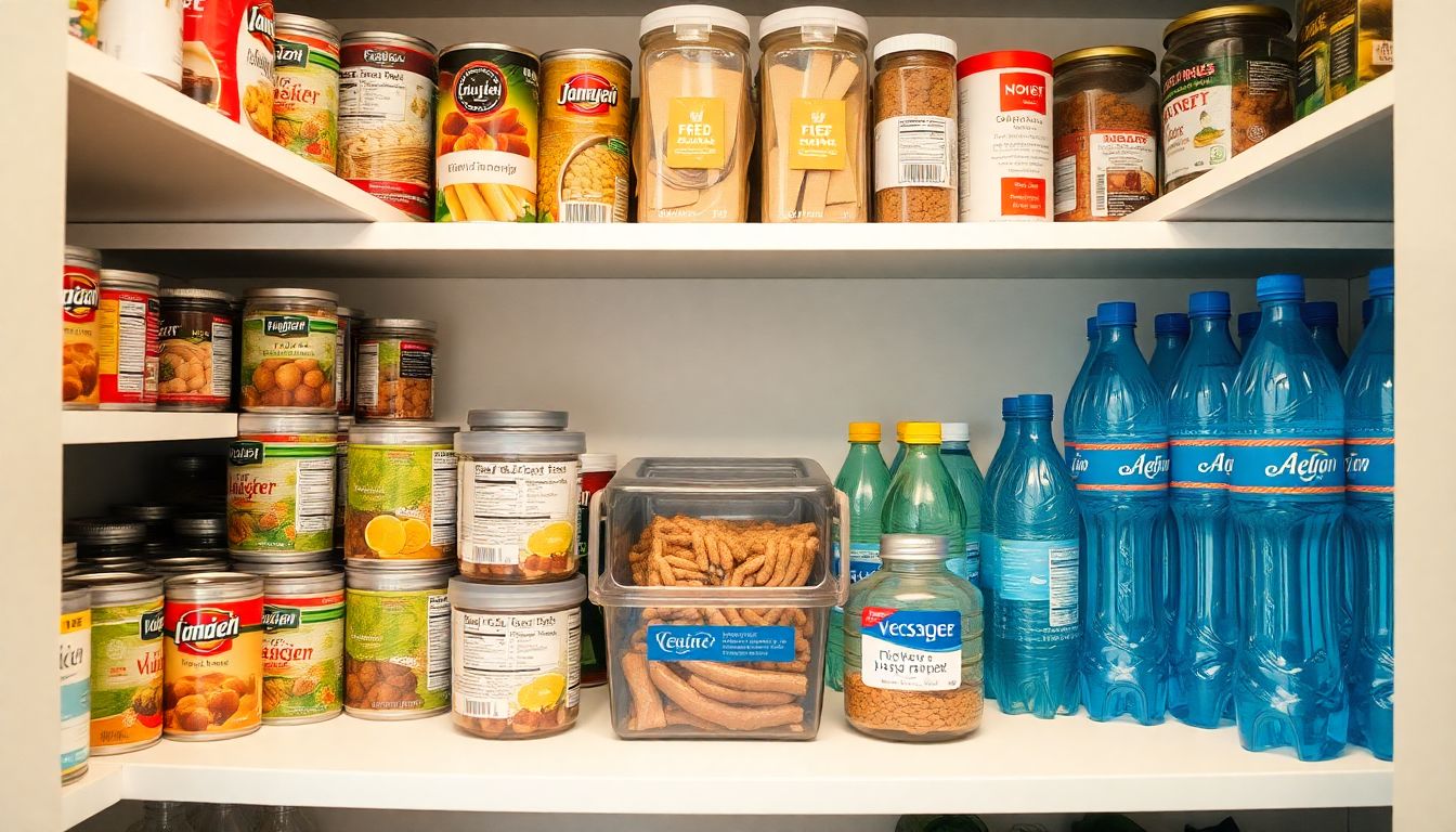 A well-organized pantry filled with canned goods, water bottles, and other essential supplies.