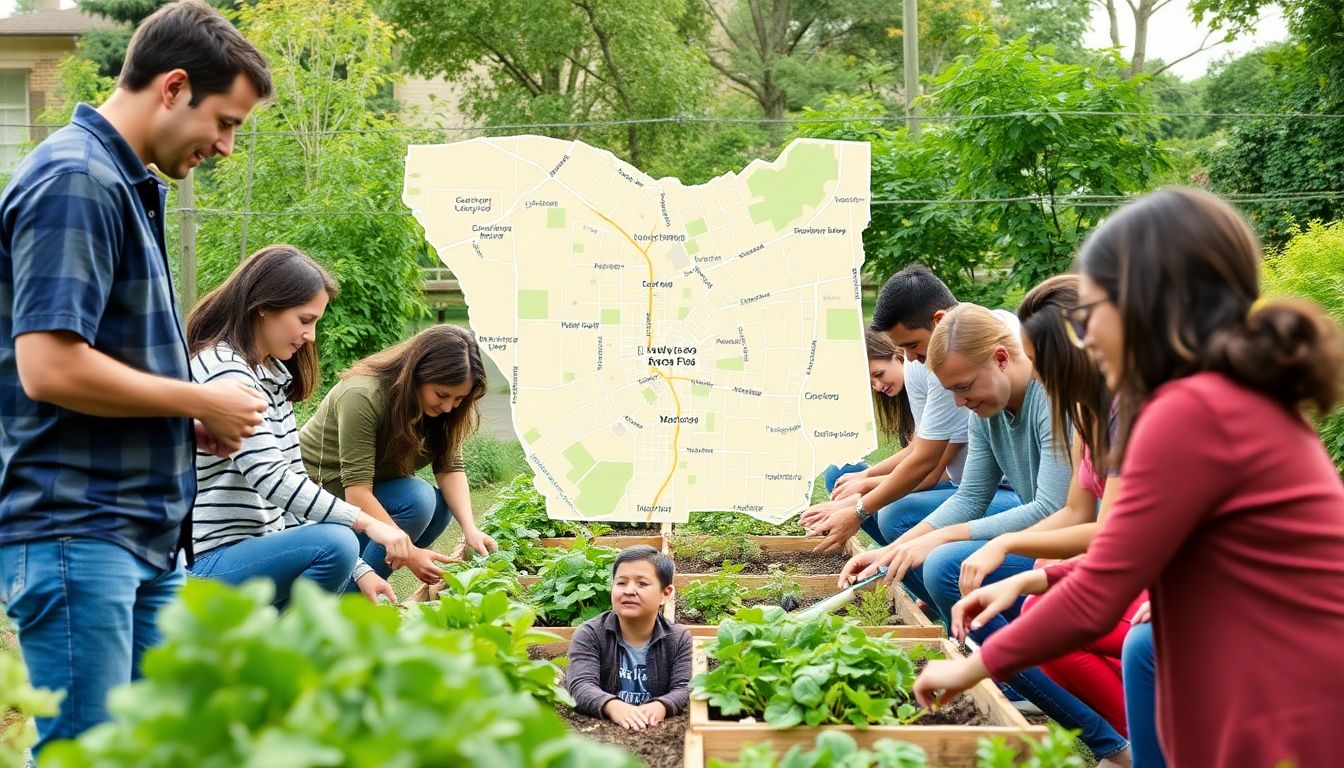 A group of people working together in a community garden, with a map of their neighborhood in the background.