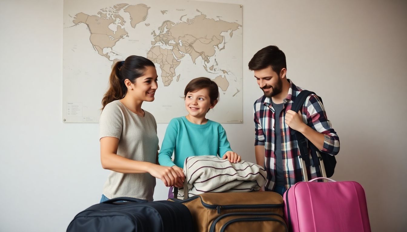 A family packing their bags, with a map of their planned destination on the wall.