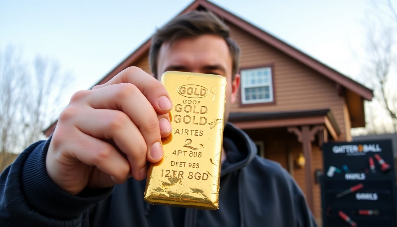 A person holding a gold bar, with a house and a toolbox in the background.