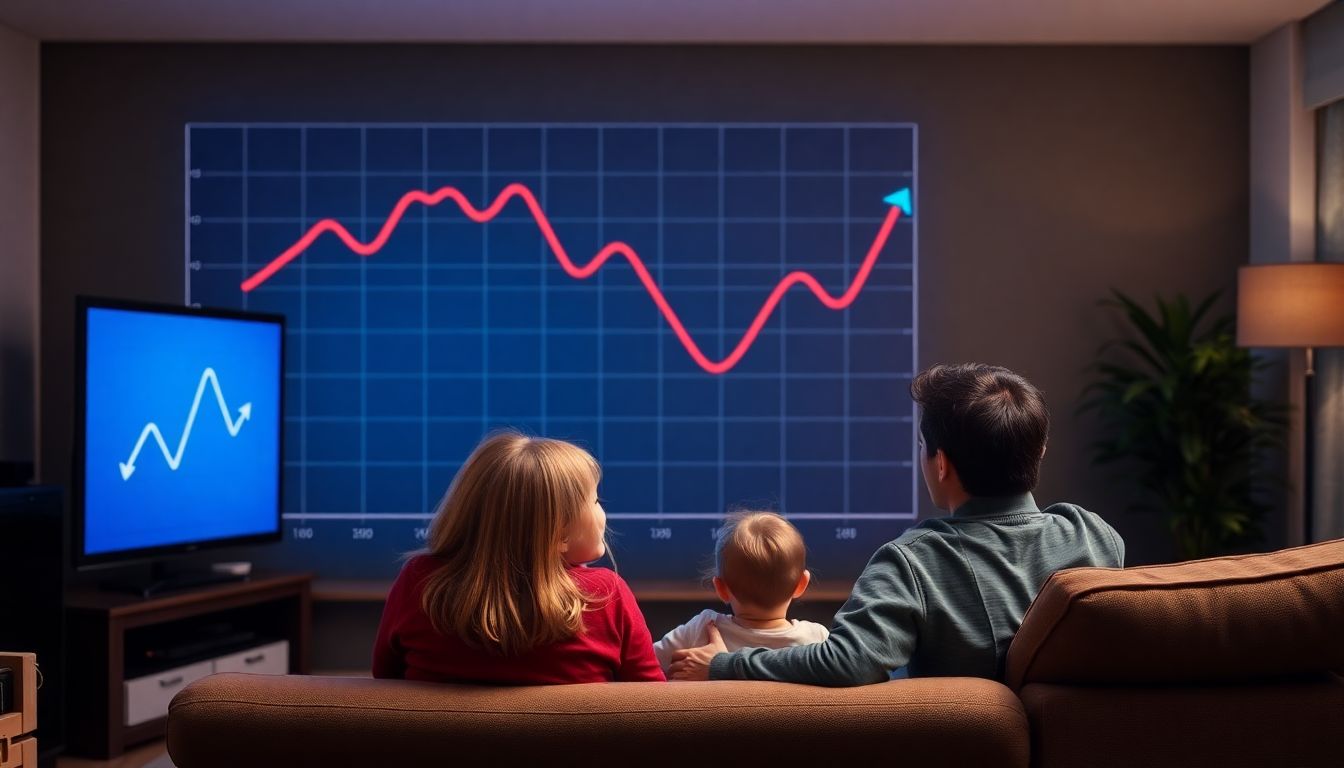 A graph showing a steep economic downturn, with a worried family looking at it on their living room TV.